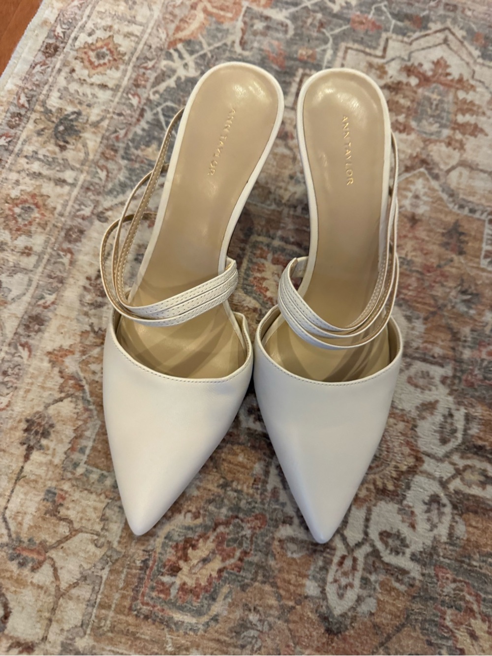 Ann Taylor Bone Pointed Toe Strappy Mule Heels sz 7.5 Never Worn